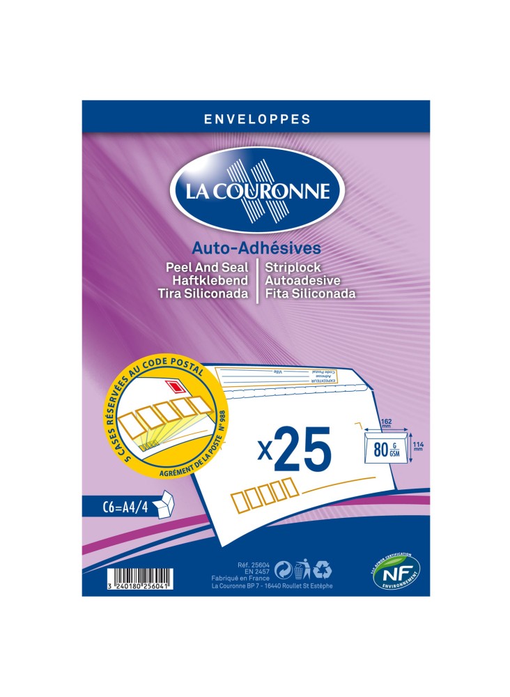 ENVELOPPES LA COURONNE X25 162X114MM 80G